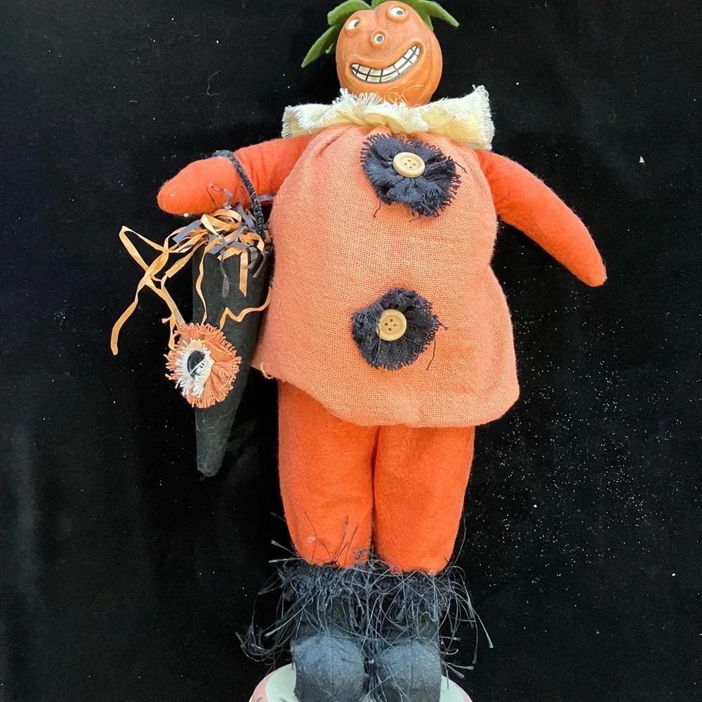 Handmade Halloween Pumpkin Cloth Figurine 15” Happy Pumpkin Head
